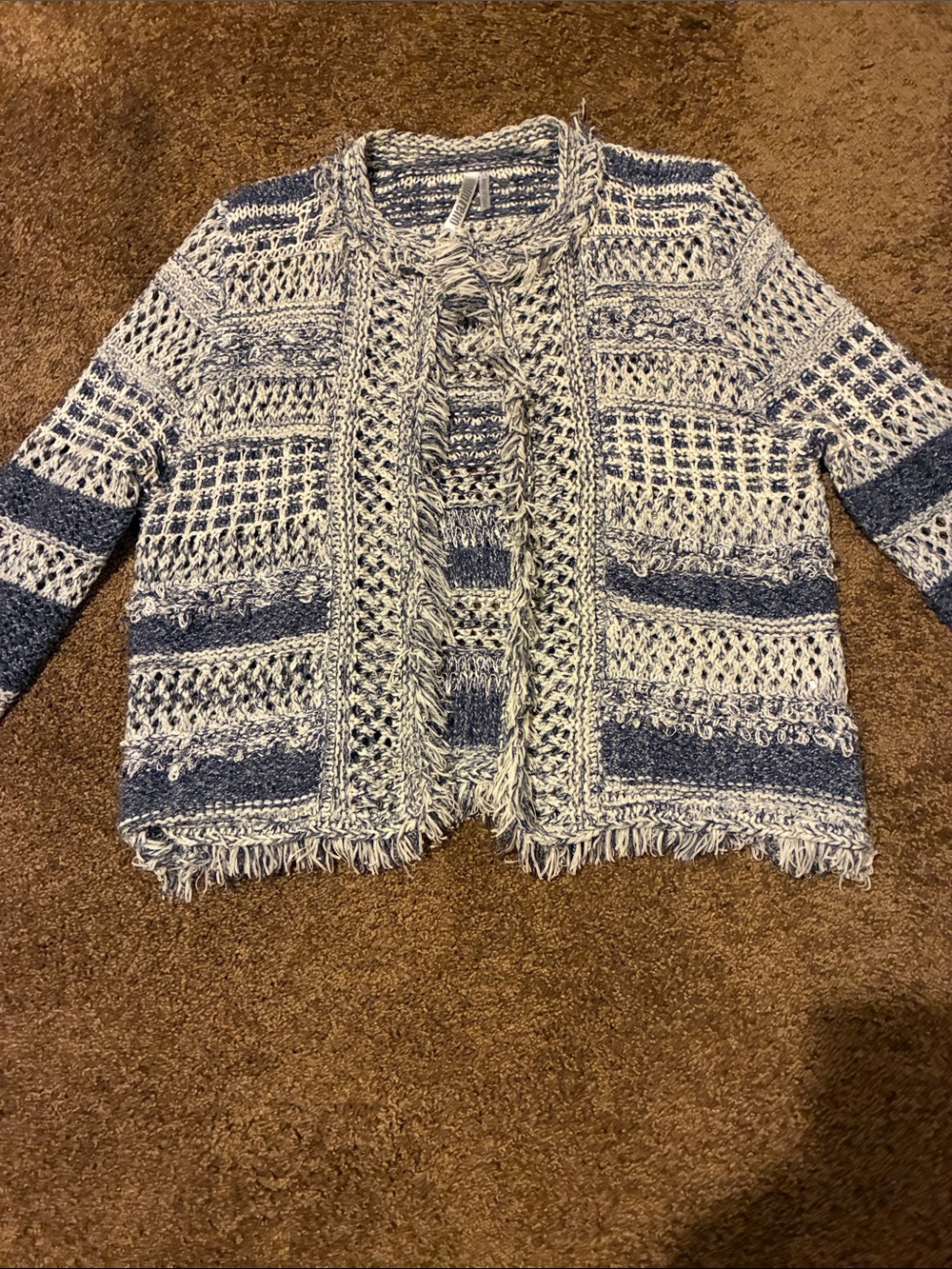 Women’s Blue and White Open-Front Knit Sweater Cardigan with fringe accents. EUC
